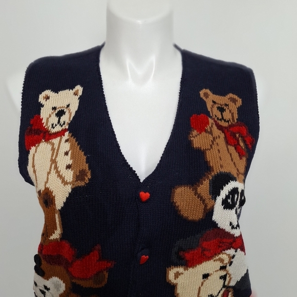 Eagle’s Eye Collectibles 3-D Vintage Grandmacore Teddy Bear V-Neck Knit Vest L - Picture 2 of 12